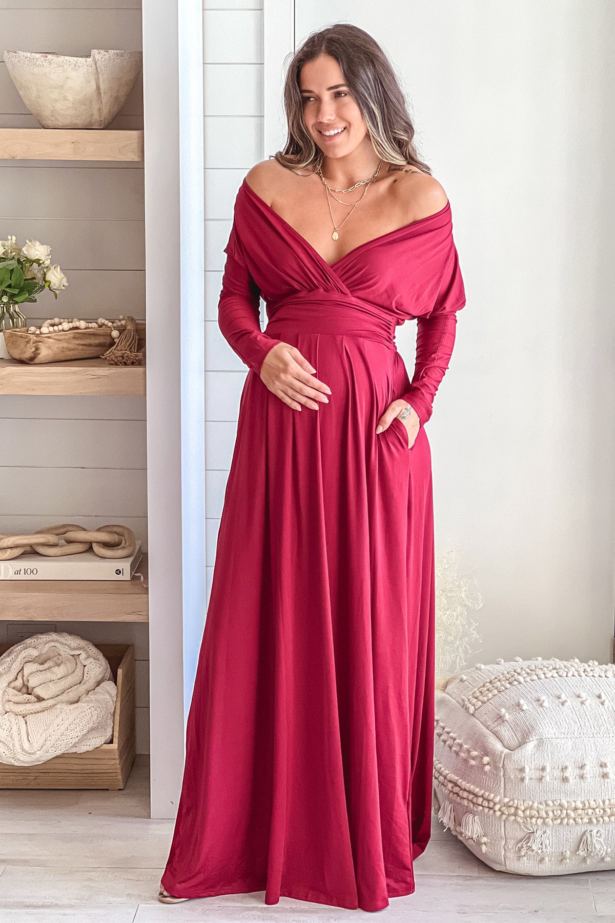 Burgundy Maternity Maxi Dress With Dolman Sleeves And Pockets