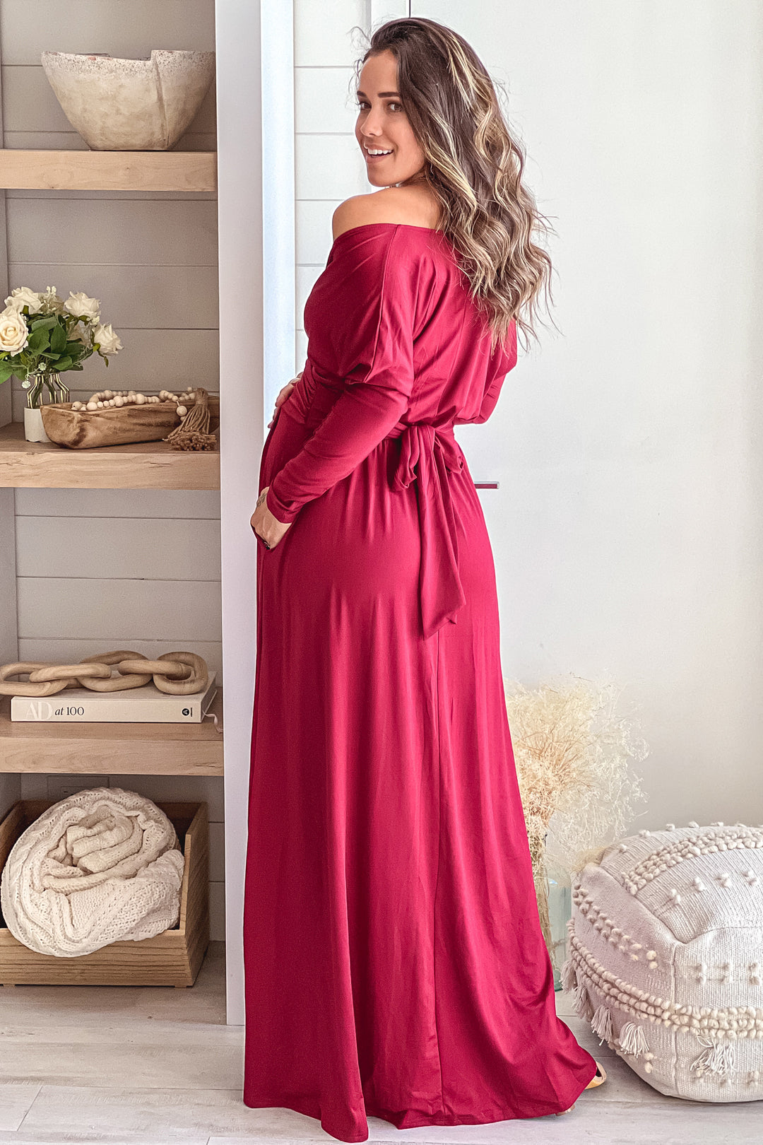 Burgundy Maternity Maxi Dress With Dolman Sleeves And Pockets | Maxi Dresses   Saved by the Dress