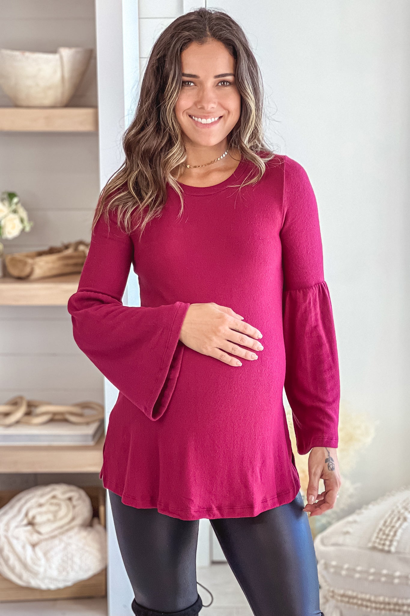 burgundy maternity top with bell sleeves