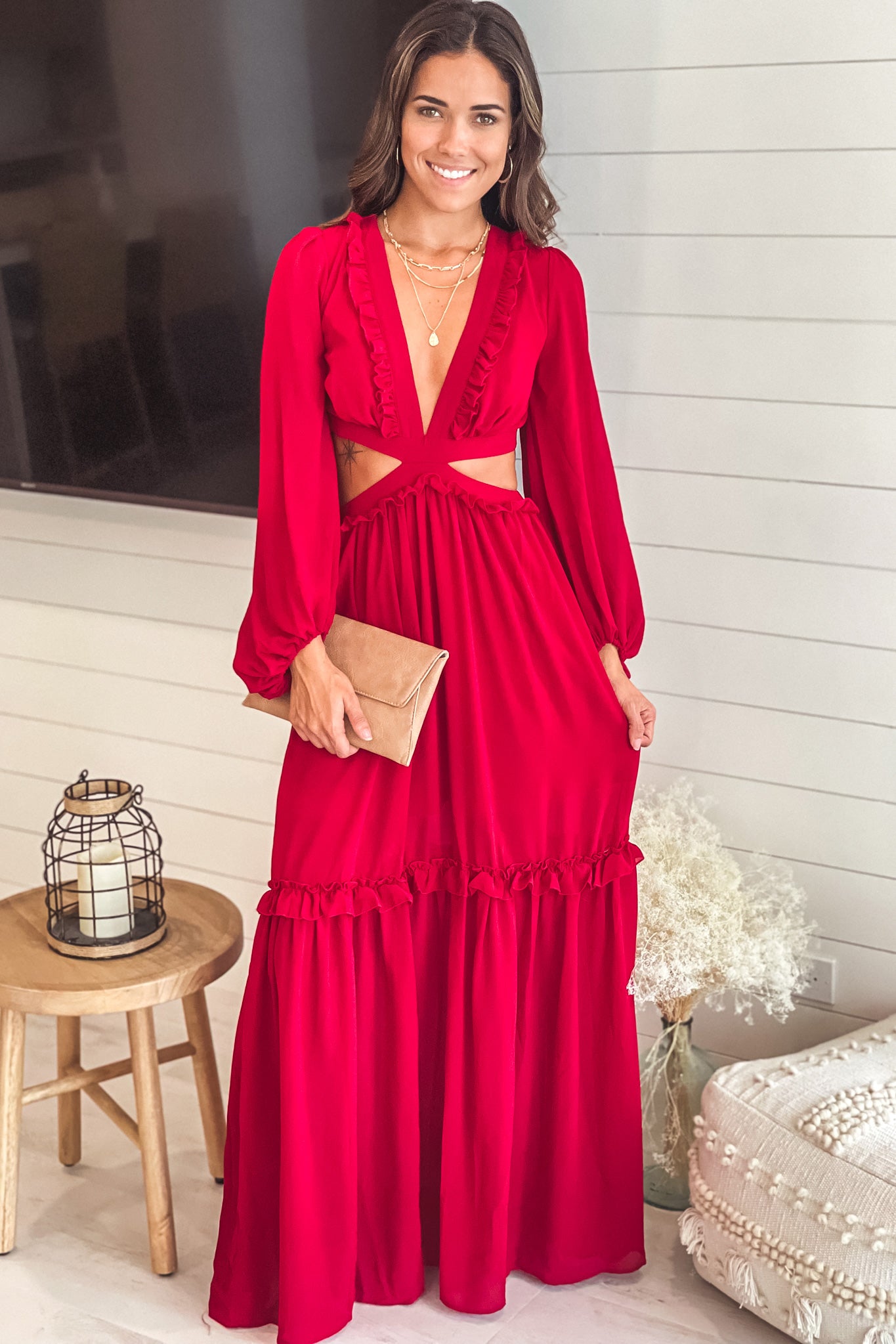 Burgundy Maxi Dress With Cut Out And Long Sleeves