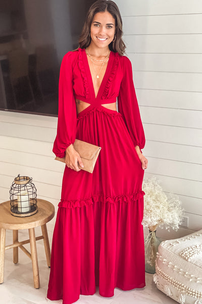 burgundy maxi dress with cut out and long sleeves