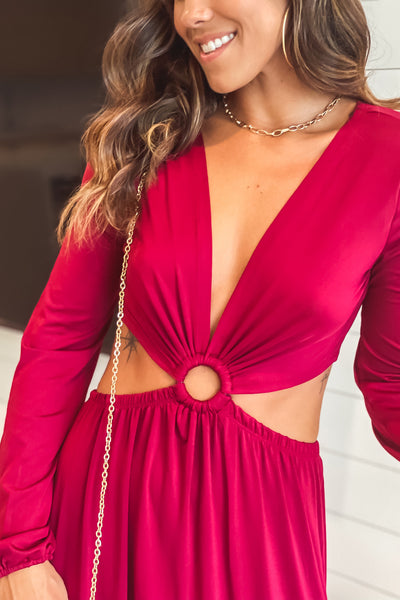 burgundy maxi dress with cut out and ring detail