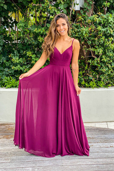 burgundy maxi dress with embroidered back and button detail