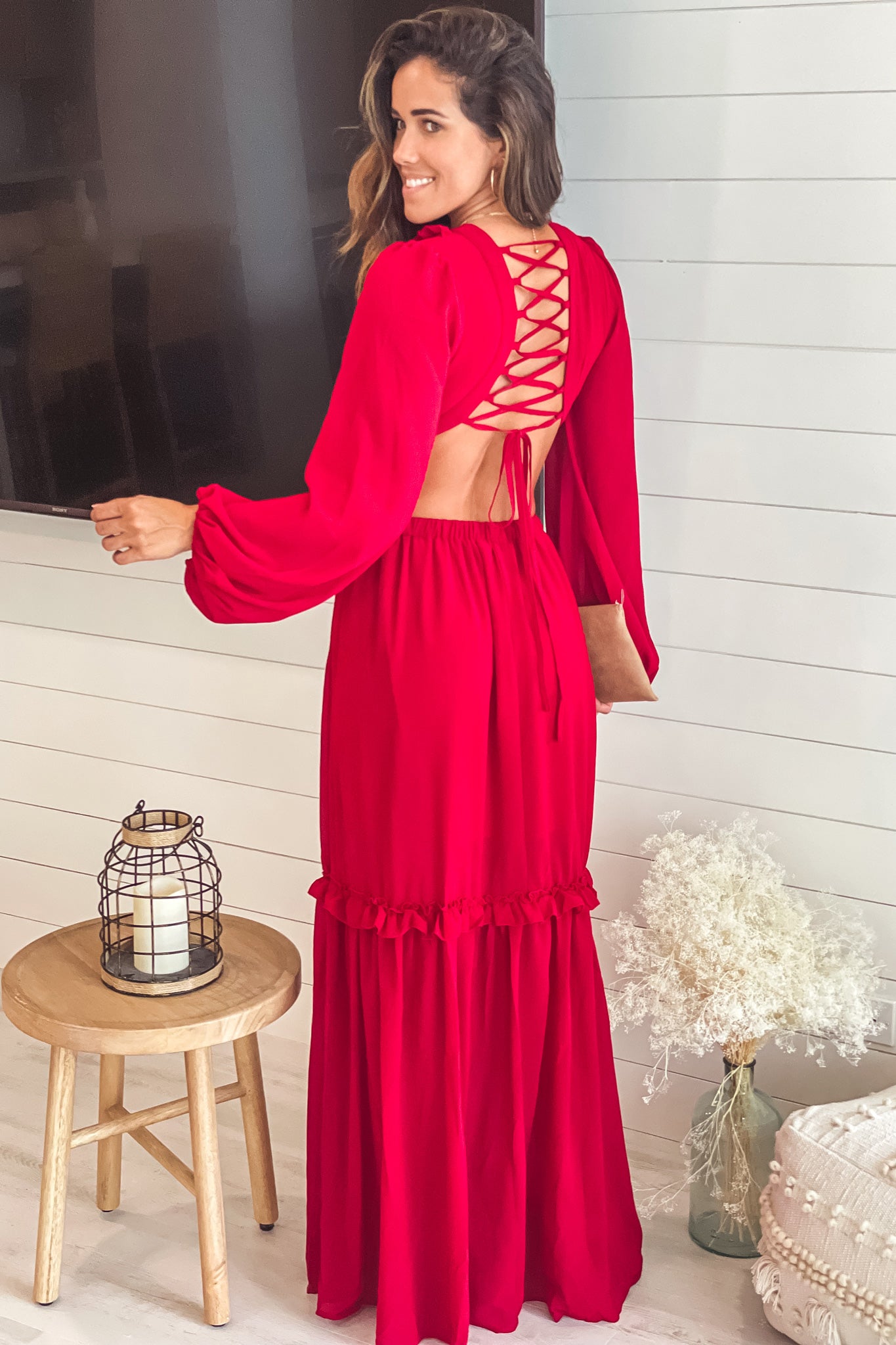burgundy maxi dress with lace up back