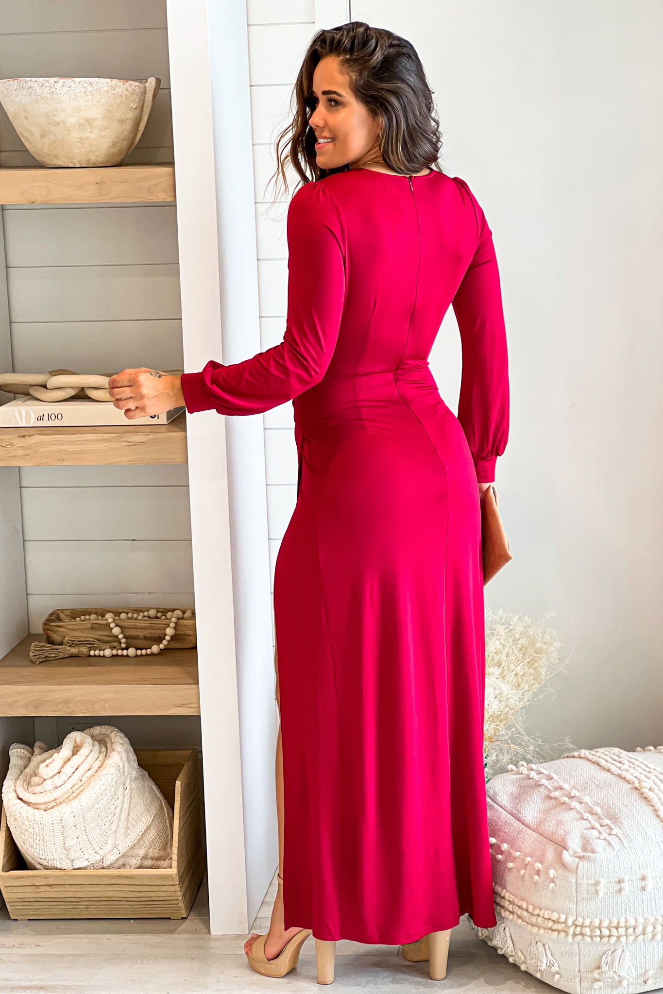 maroon maxi dress with sleeves Audrey Wine Puff Sleeve Maxi Dress
