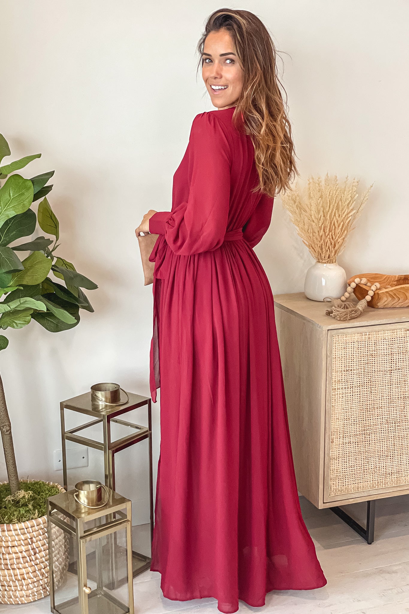 burgundy maxi dress with long sleeves