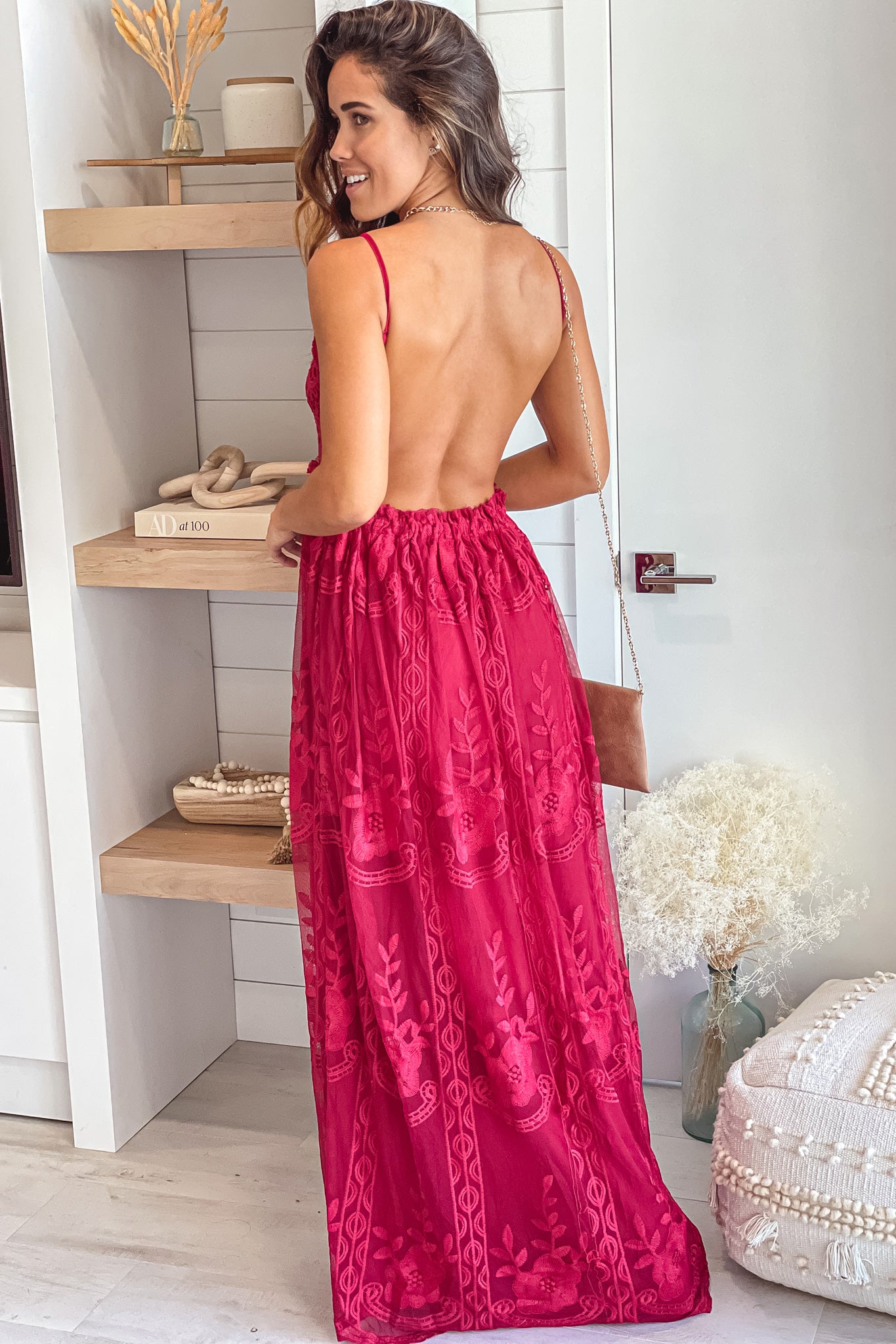 burgundy maxi dress with open back