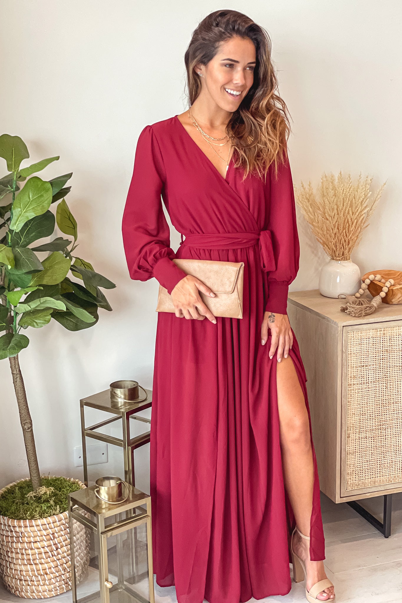 burgundy maxi dress with slit