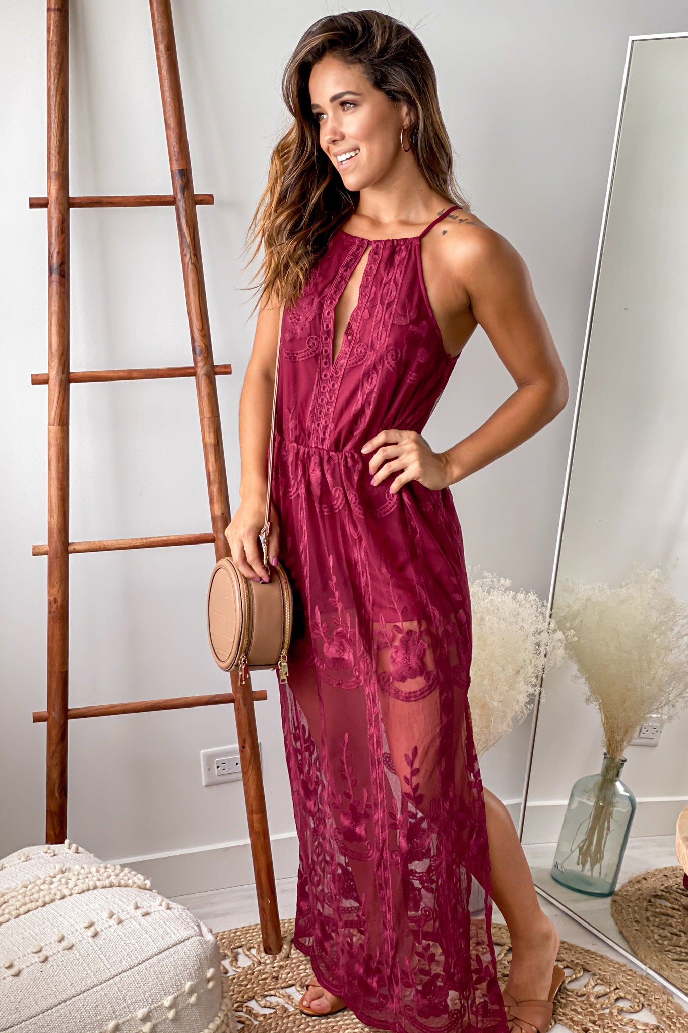 Burgundy Lace Sleeveless Maxi Romper With Cut Out | Rompers – Saved by ...