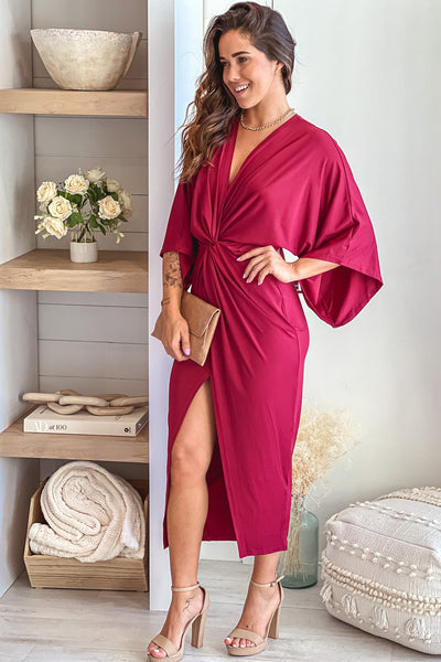 burgundy midi dress with 3/4 sleeves