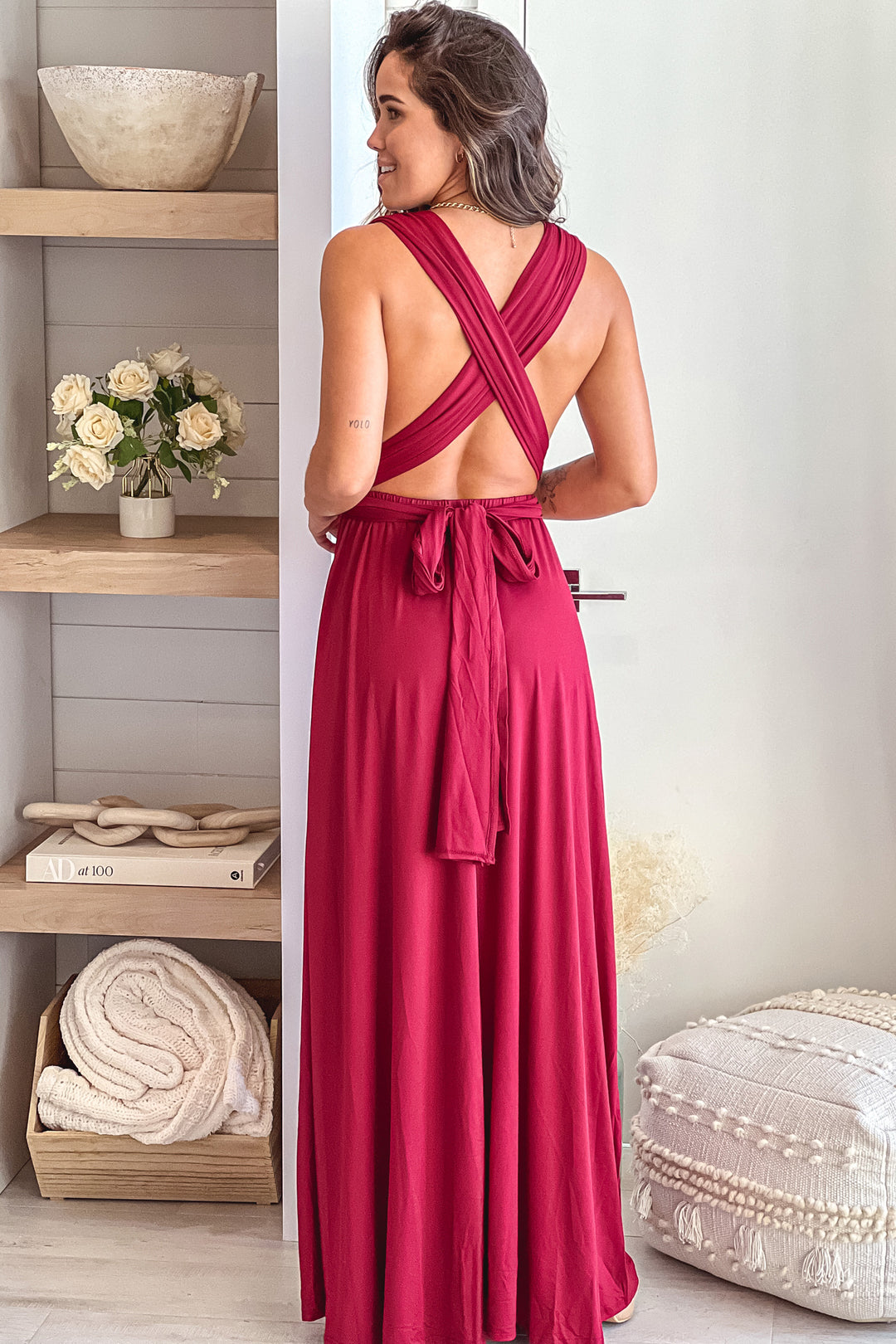 Burgundy Multi Tie Maxi Dress With Slit | Burgundy Multi Tie Maxi Dress With Slit Saved by the Dress Burgundy Multi Tie Maxi Dress With Slit | Burgundy Multi Tie Maxi Dress With Slit Saved by the Dress