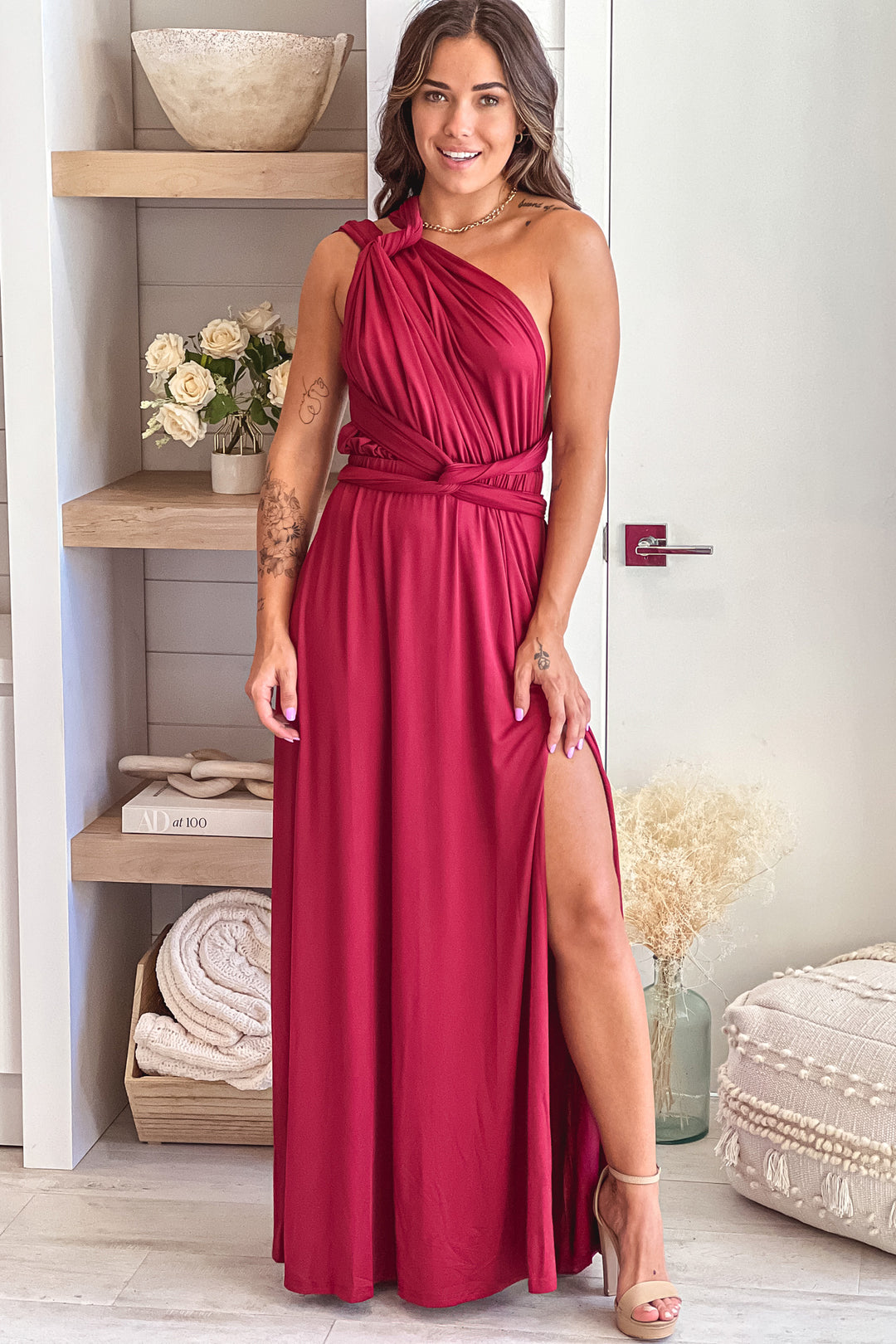 burgundy maxi dress with split Extreme Plunge Neck Split Leg Drape Detail Maxi Dress In Burgundy Slinky | EGO US