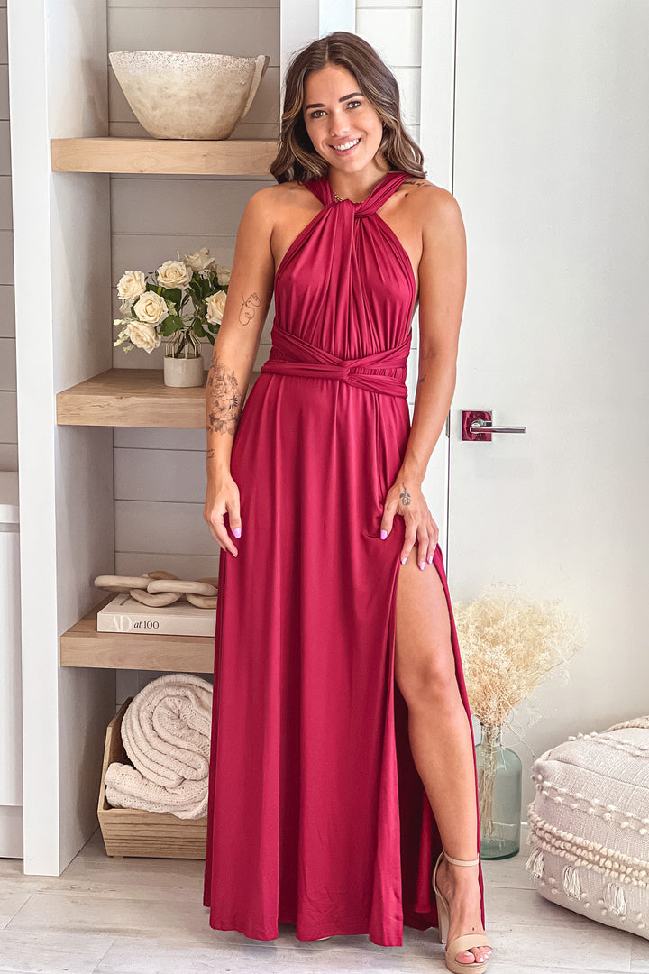 Burgundy Multi Tie Maxi Dress With Slit
