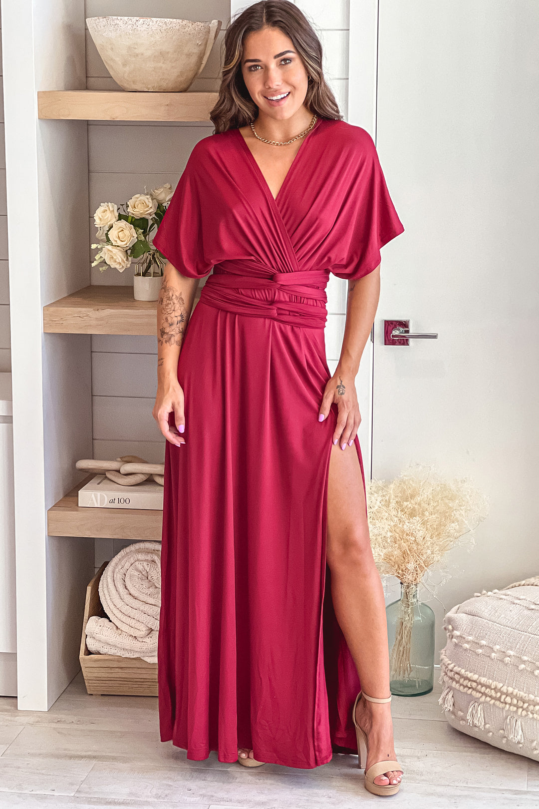 Burgundy Multi Tie Maxi Dress With Slit | Burgundy Multi Tie Maxi Dress  With Slit  Saved by the Dress