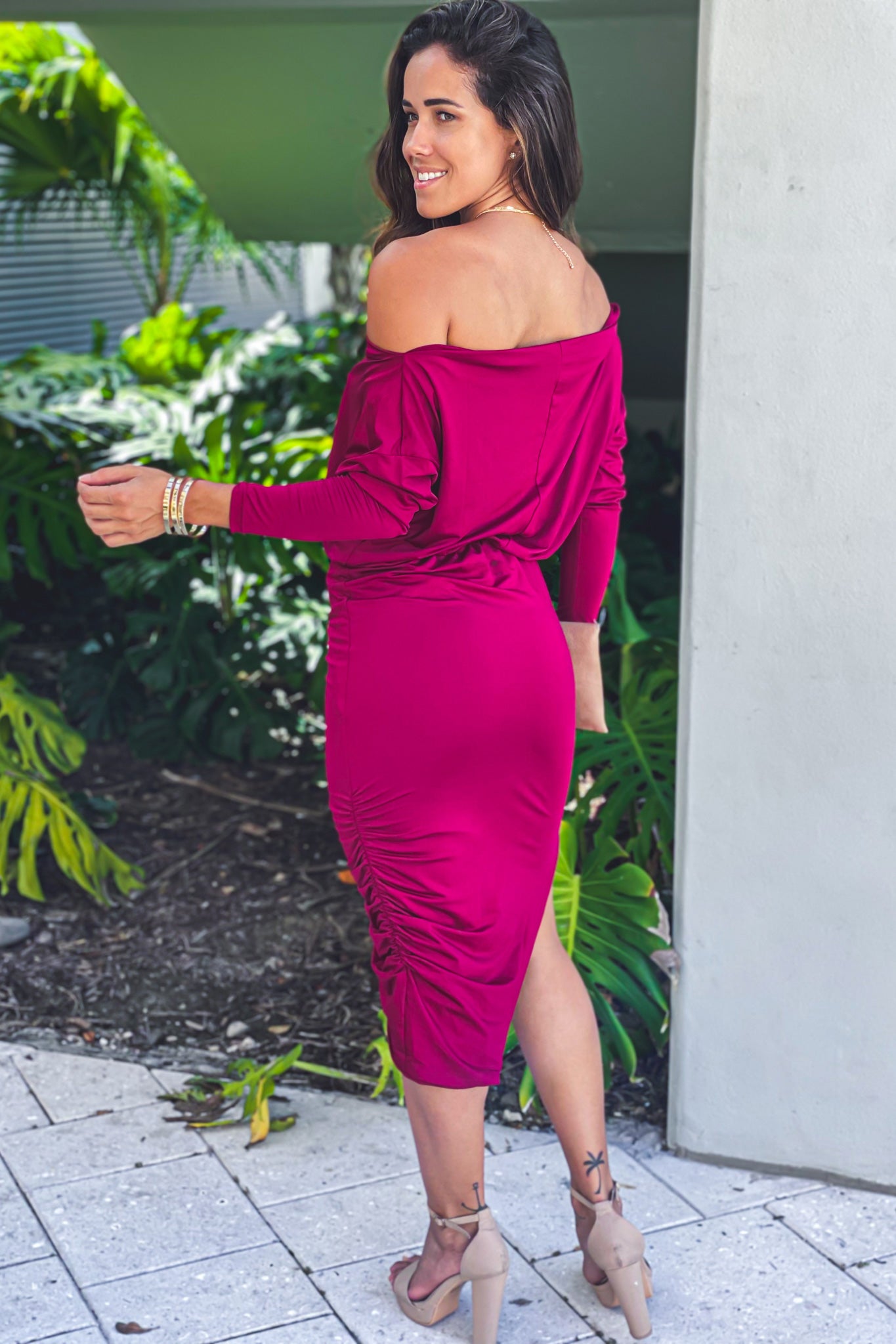 burgundy one shoulder asymmetrical dress