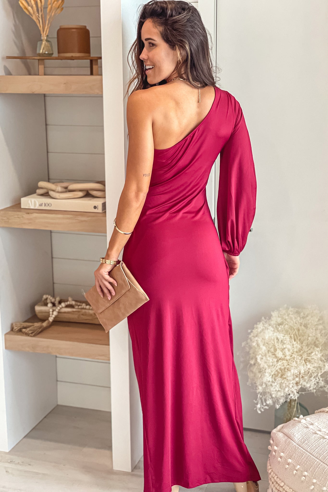 burgundy one shoulder maxi dress