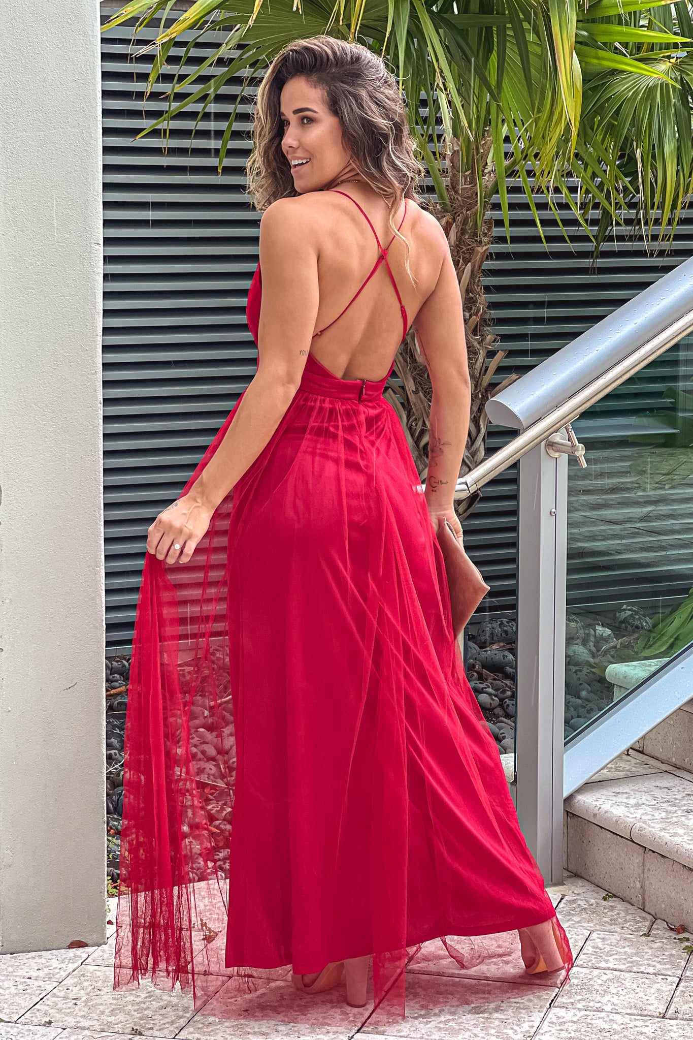 Burgundy Tulle V-Neck Maxi Dress With Slits | Maxi Dresses Saved by the Dress Burgundy Tulle V-Neck Maxi Dress With Slits | Maxi Dresses Saved by the Dress