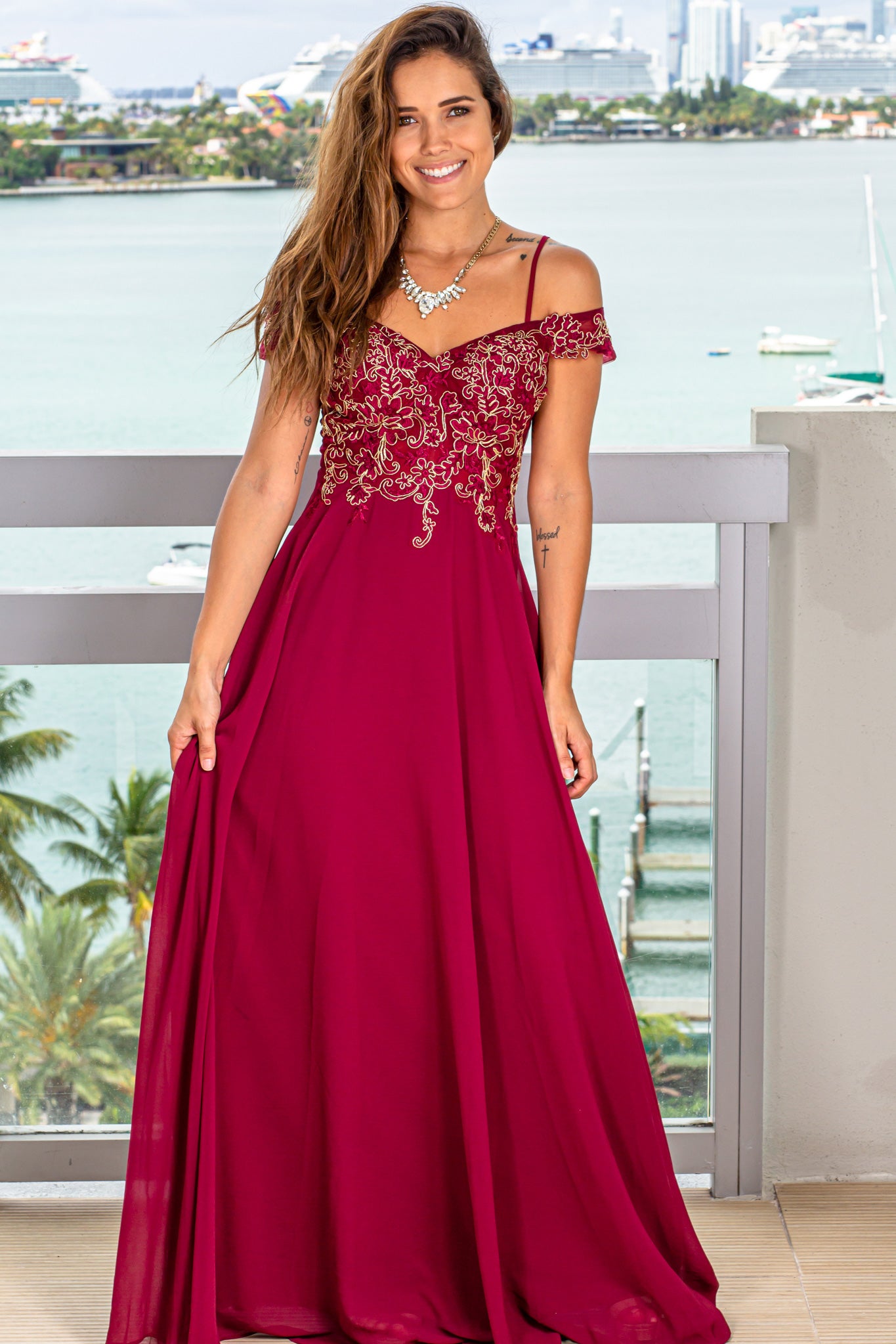 Burgundy Maxi Dress with Gold Details