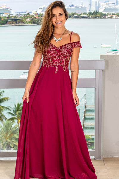 Burgundy Maxi Dress with Gold Details