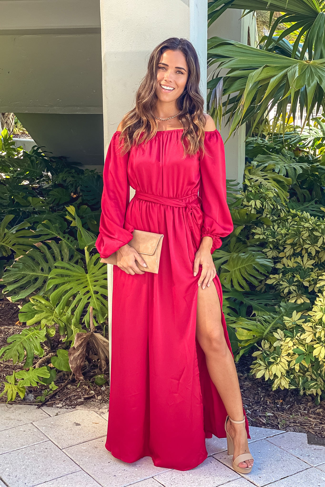 burgundy satin off shoulder maxi dress with slit