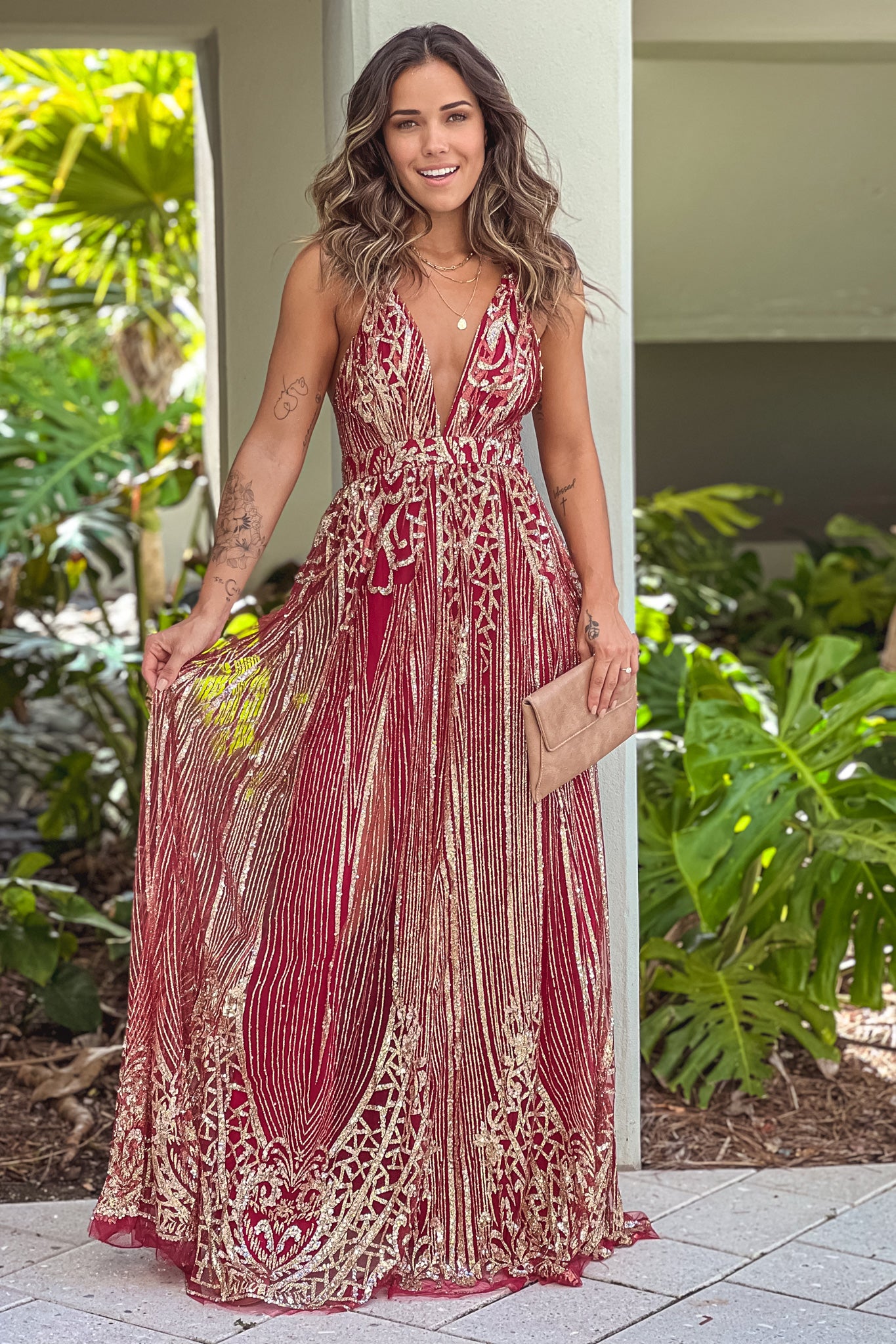 burgundy sequin maxi dress with gold detail