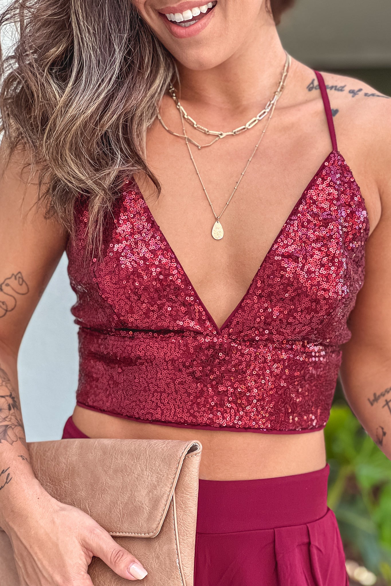 burgundy sequin top and pants set