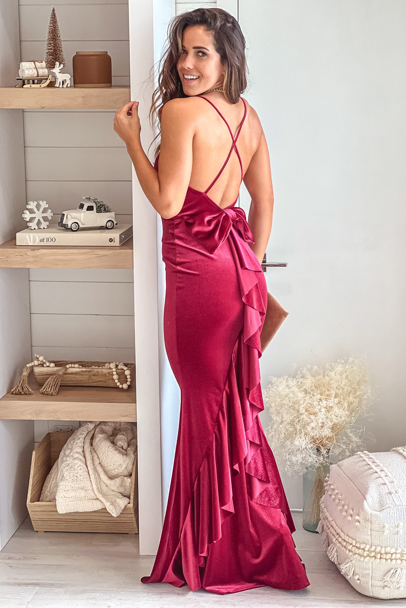 burgundy shine velvet maxi dress with open back and bow detail