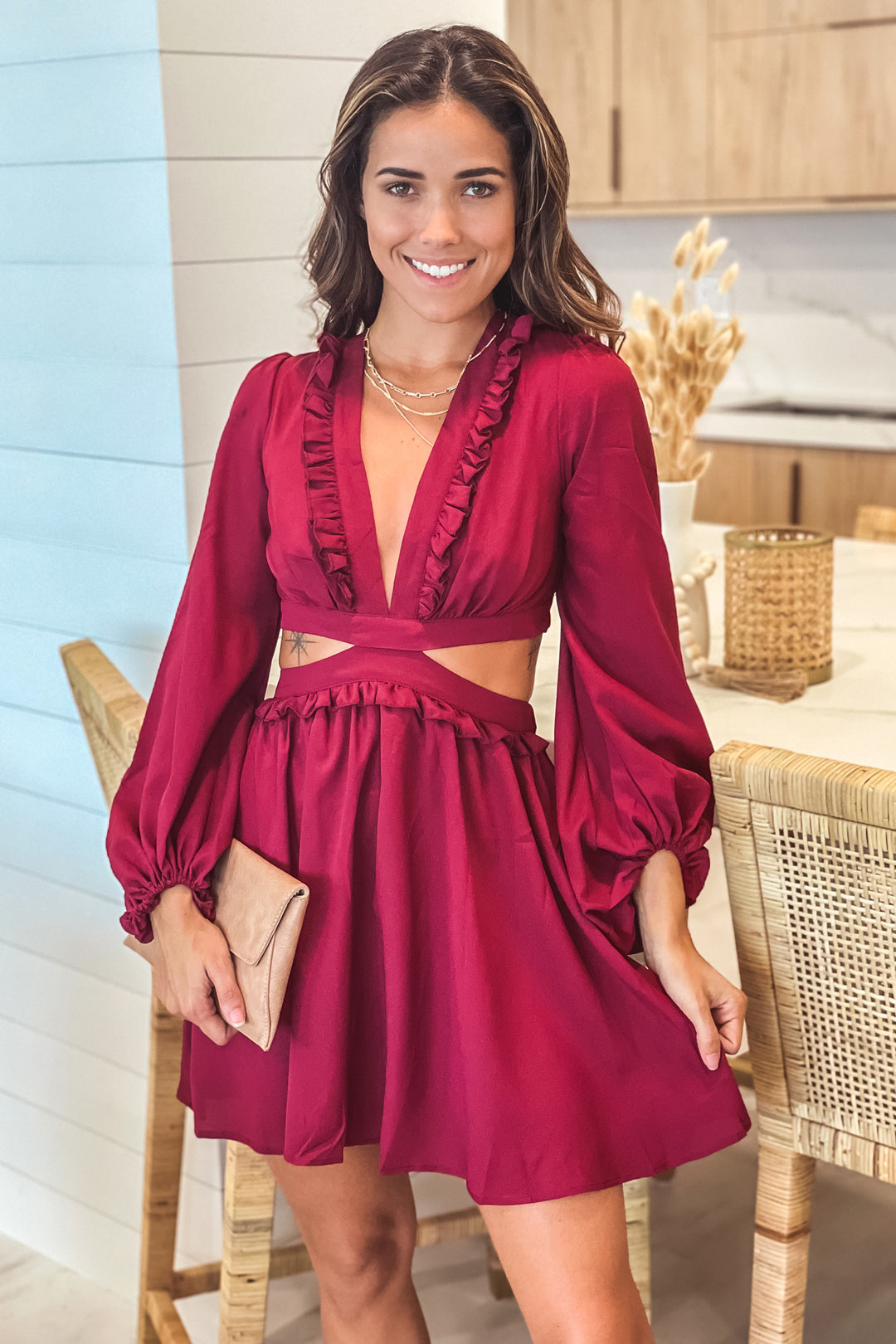 Burgundy Ruffled Short Dress with Lace Up Back