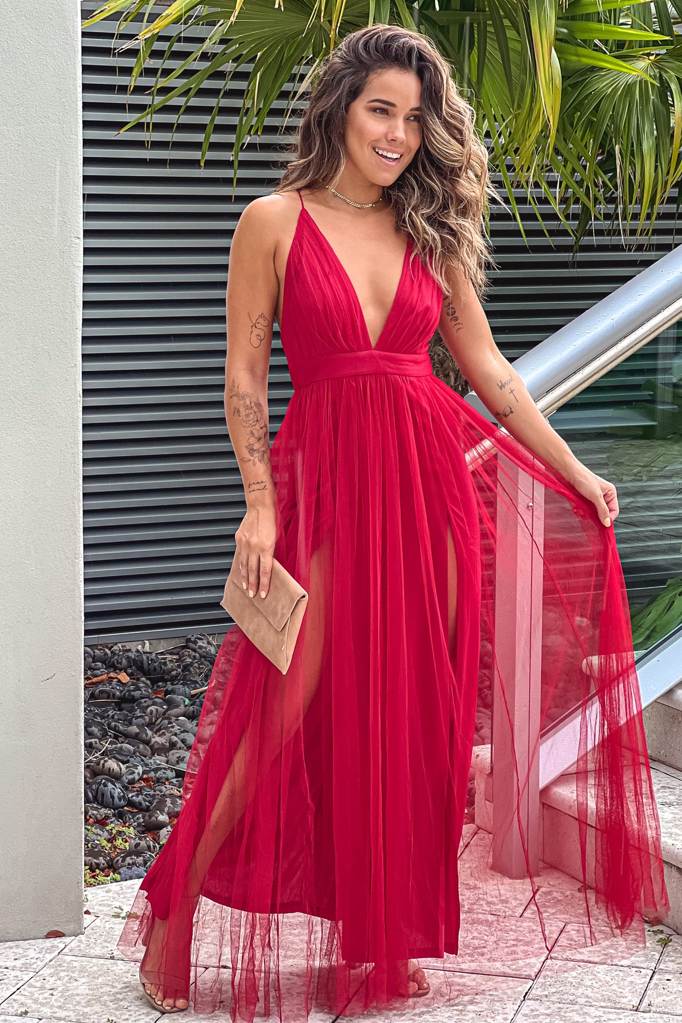 Burgundy Tulle V-Neck Maxi Dress With Slits | Maxi Dresses Saved by the Dress Burgundy Tulle V-Neck Maxi Dress With Slits | Maxi Dresses Saved by the Dress