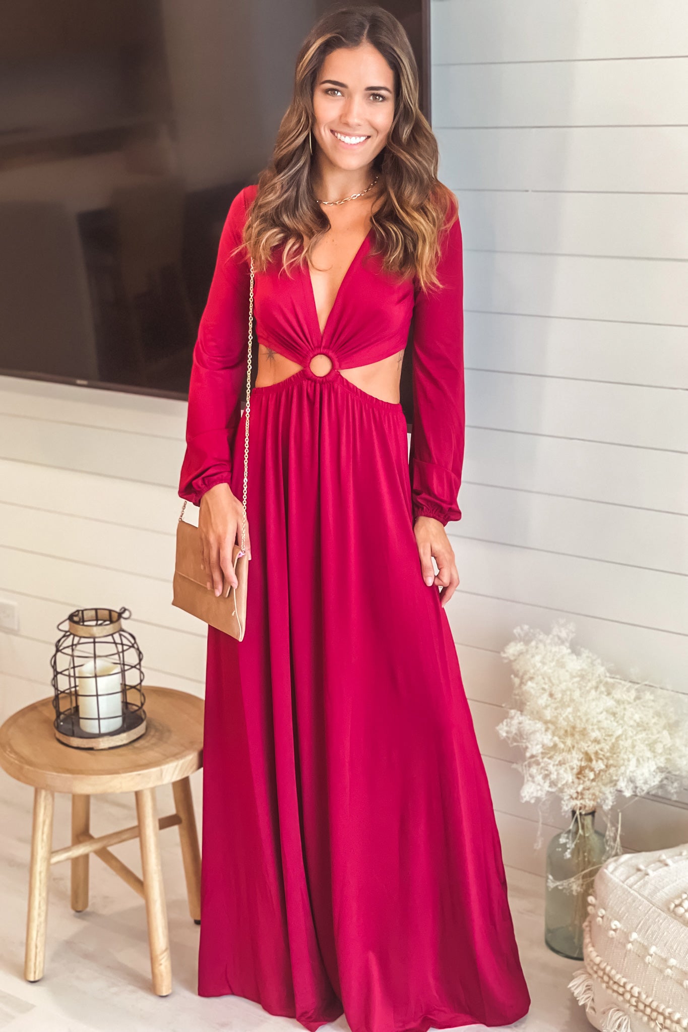 burgundy v-neck maxi dress with long sleeves