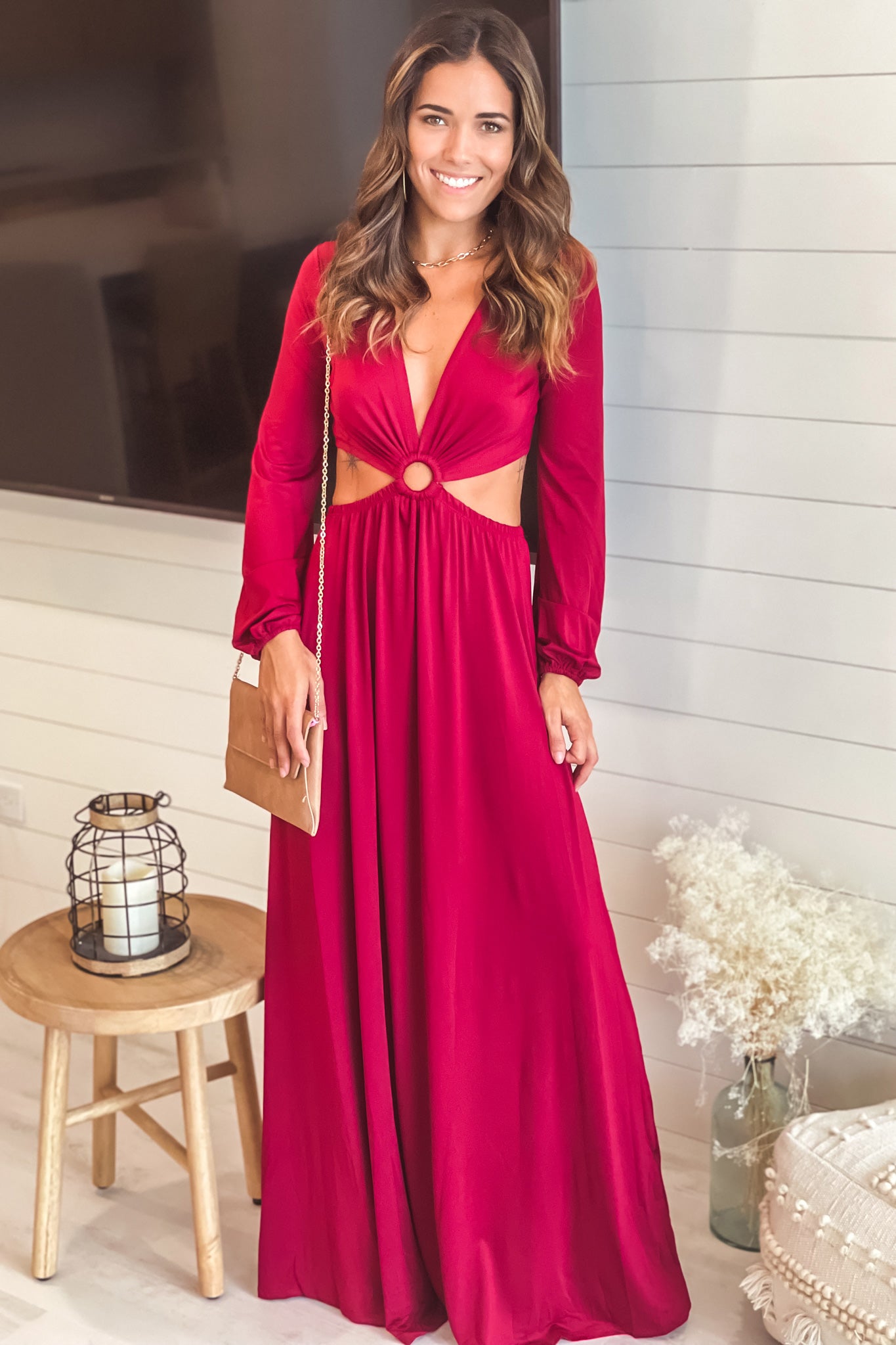 Burgundy V-Neck Maxi Dress With Long Sleeves