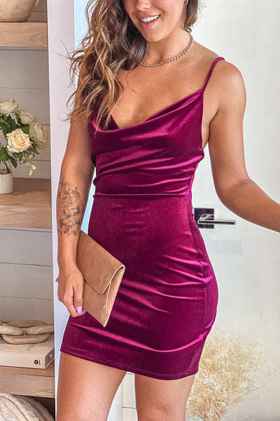 burgundy velvet cowl neck mini dress