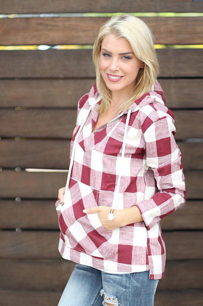 Burgundy and Ivory Plaid Hoodie With Pocket