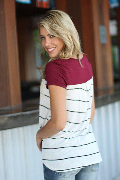 Burgundy Striped Top With Crochet Pocket
