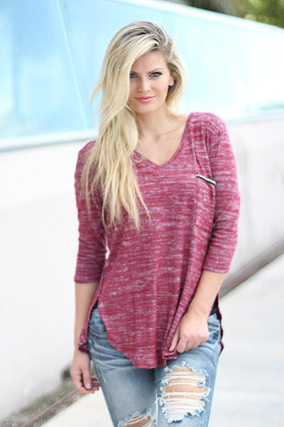Burgundy V-Neck Top With Pocket