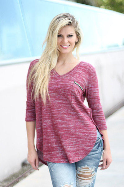 Burgundy V-Neck Top With Pocket