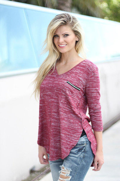 Burgundy V-Neck Top With Pocket