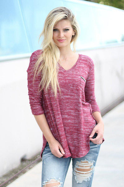 Burgundy V-Neck Top With Pocket