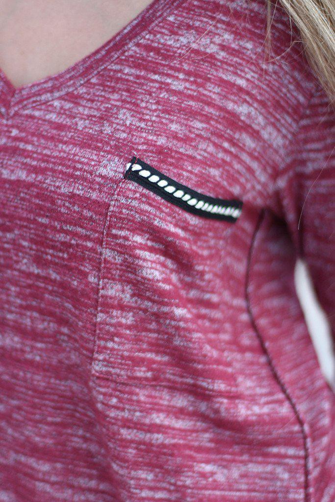 Burgundy V-Neck Top With Pocket
