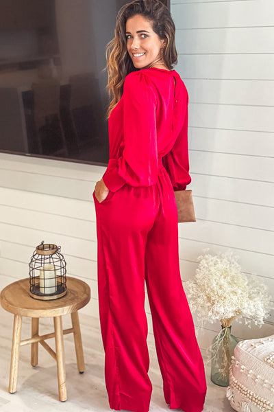 Burgundy Satin Jumpsuit With Puff Sleeves