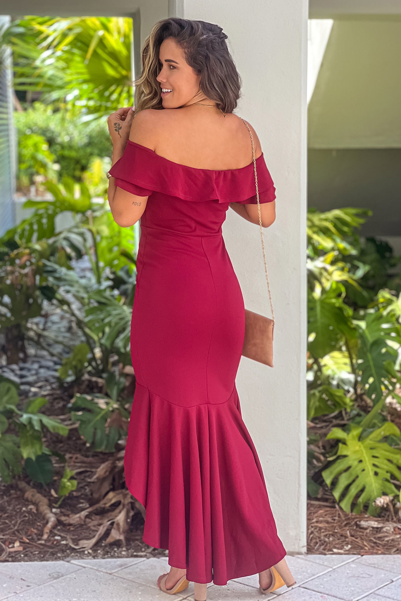 Burgundy Off Shoulder Ruffled High Low Dress | Beautiful Dresses Saved by the Dress Burgundy Off Shoulder Ruffled High Low Dress | Beautiful Dresses Saved by the Dress
