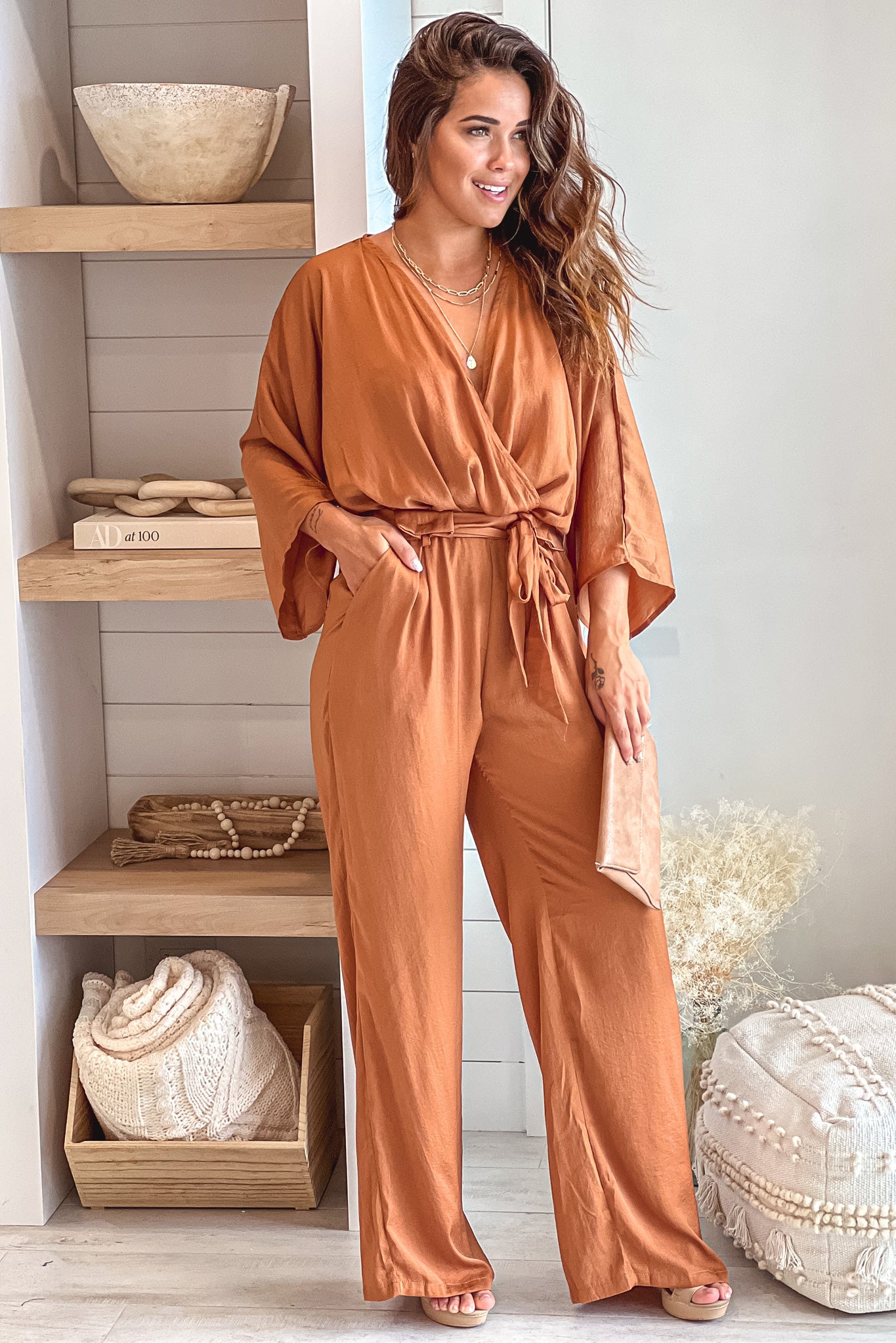 camel jumpsuit with pockets