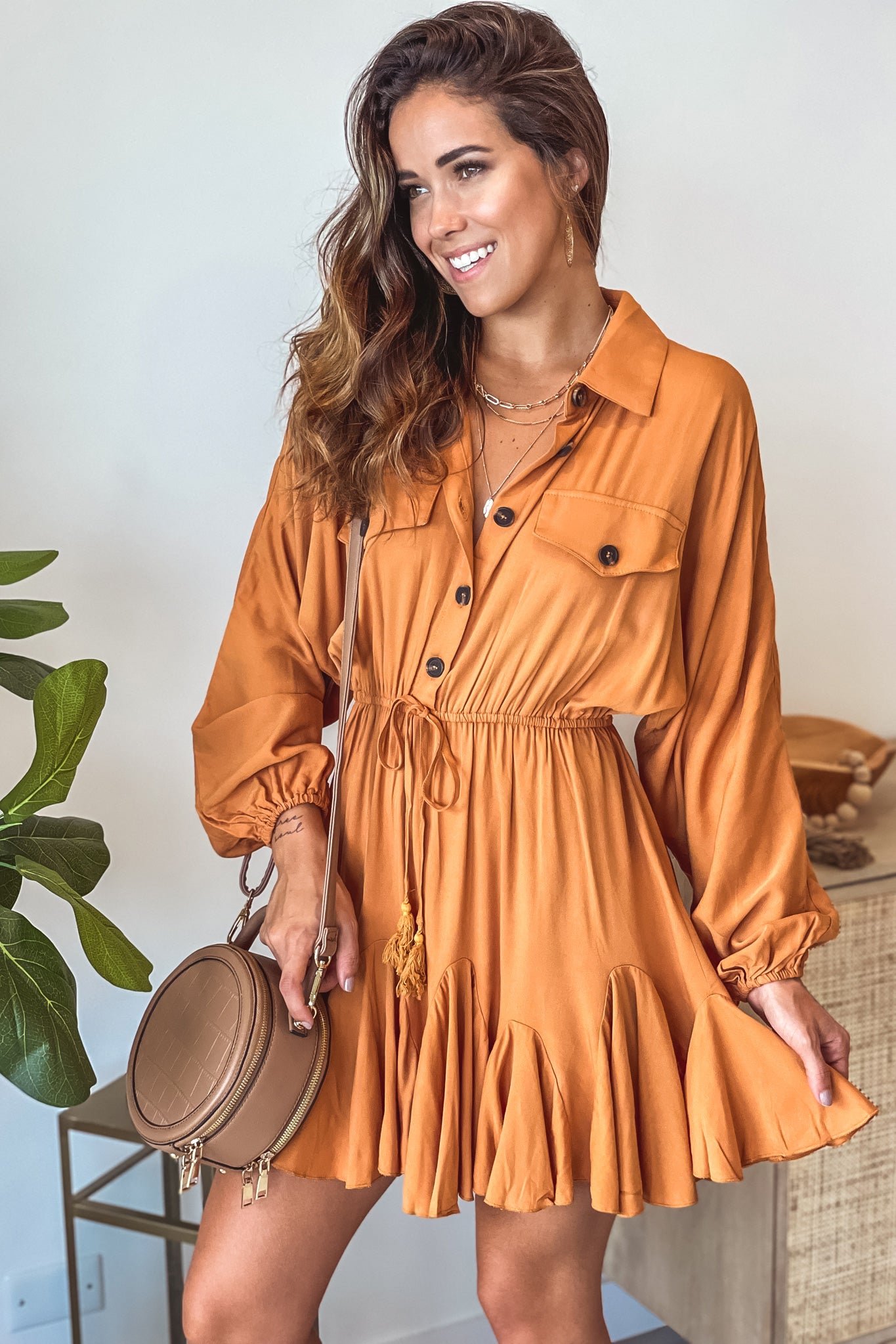 camel ruffled button down short dress