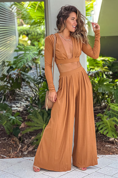 camel top with wide legged pants