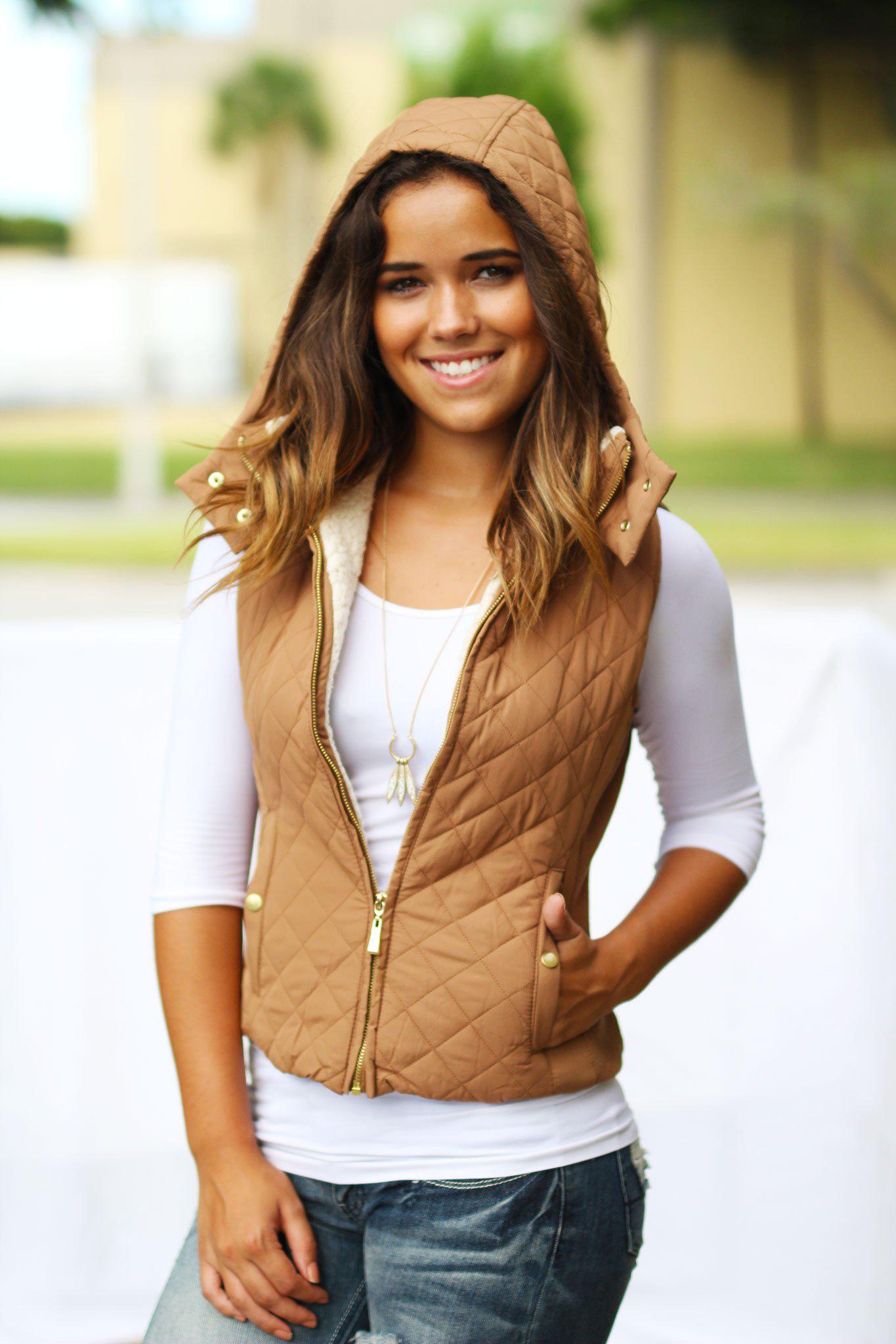 Camel Quilted Vest with Hood