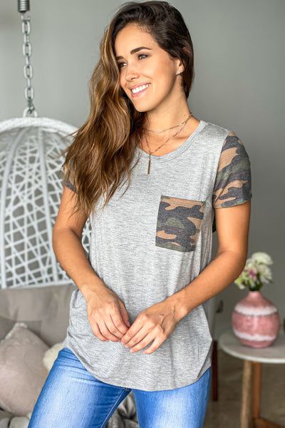 Heather Gray Top with Camo Details