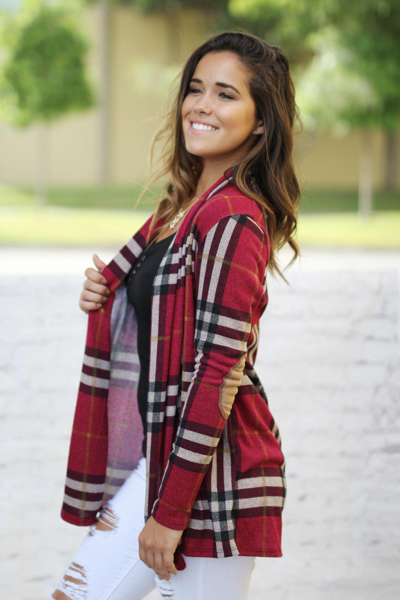 Burgundy Plaid Cardigan With Elbow Patches