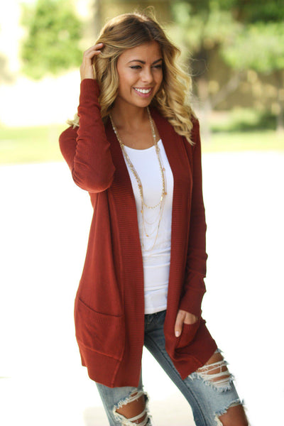 rust cardigan with pockets