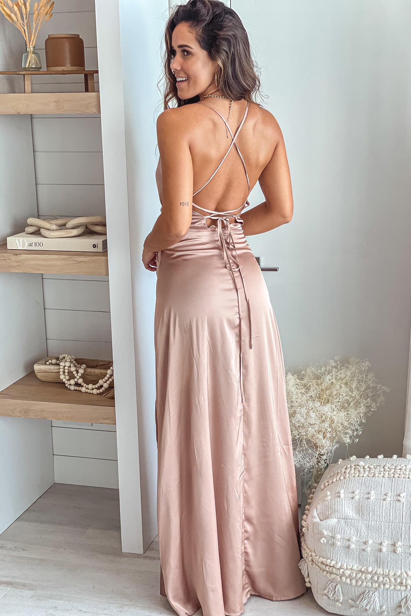 champagne maxi dress with criss cross back
