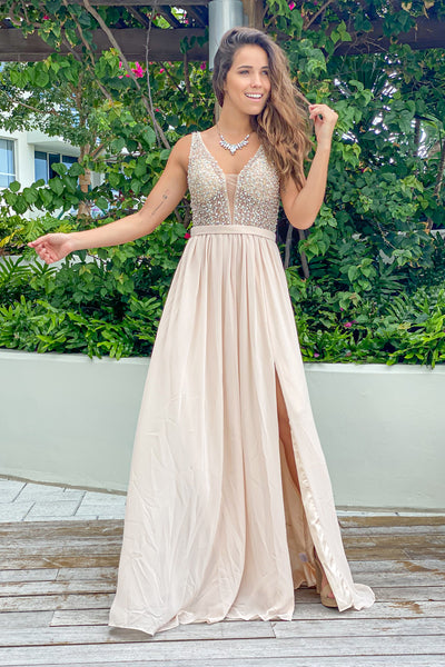 Champagne maxi dress with side slit